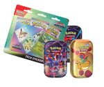 Pokémon trading card game items including a blister pack of cards and three tins