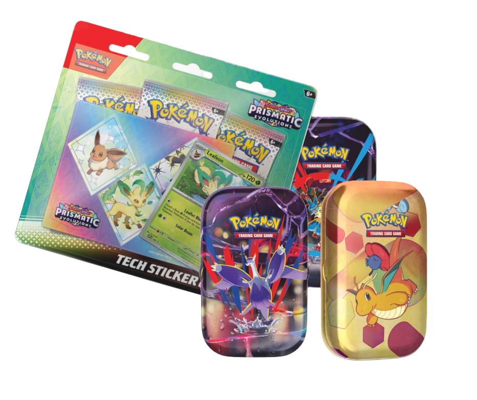 Pokémon trading card game items including a blister pack of cards and three tins