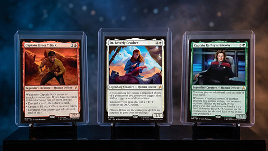 Captain James T. Kirk, Dr. Beverly Crusher and Captain Kathryn Janeway Magic: The Gathering Star Trek cards in toploaders