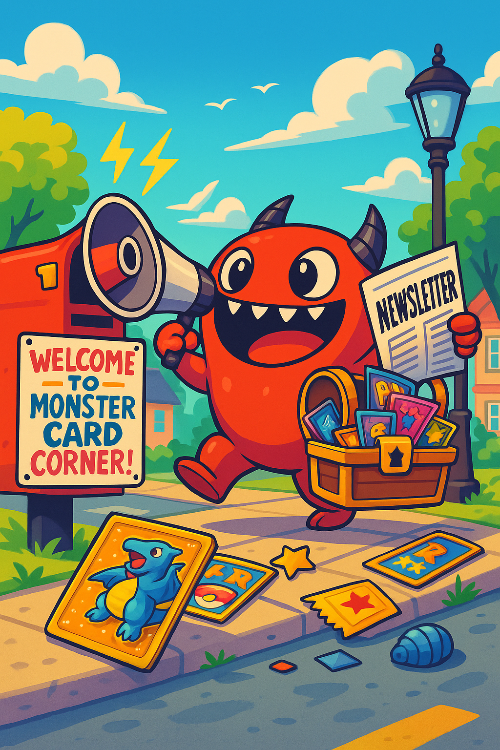 Cartoon monster holding a megaphone and newspaper with 'Welcome to Monster Card Corner!' sign.