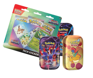 Pokémon trading card game items including a blister pack of cards and three tins