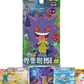 Pokémon trading cards with a Pokémon trading card game packaging featuring characters.