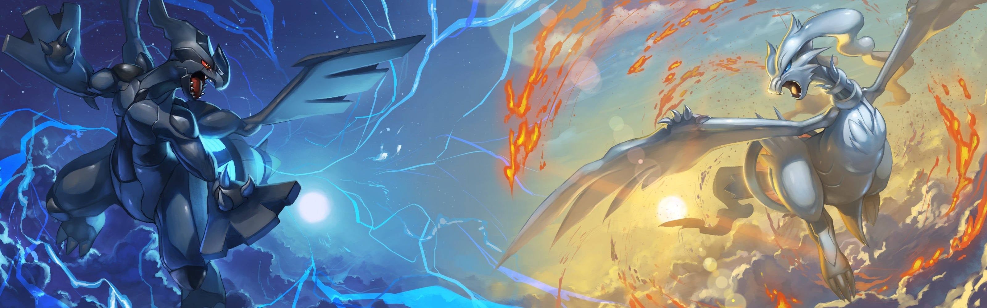 Two animated characters, one blue and one fiery, in a dynamic pose with a dark background.