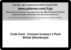 Pokemon TCG - SM - Crimson Invasion - Code Card - Crimson Invasion 3 Pack Blister