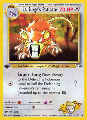 Pokemon TCG - Gym Heroes - Lt. Surge's Raticate - 051/132 - 1st Edition