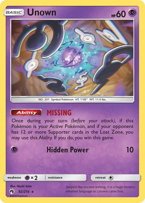 Pokemon TCG - SM - Lost Thunder - Unown - 92/214 - Reverse Holofoil