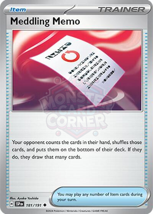 Pokemon TCG - SV08: Surging Sparks - Meddling Memo - 181/191 - Reverse Holofoil
