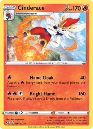 Pokemon TCG - SWSH01: Sword & Shield Base Set - Cinderace - 036/202 - Reverse Holofoil