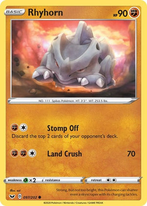 Pokemon TCG - SWSH01: Sword & Shield Base Set - Rhyhorn - 097/202 - Reverse Holofoil