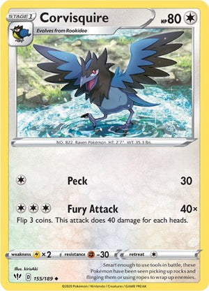 Pokemon TCG - SWSH03: Darkness Ablaze - Corvisquire - 155/189 - Reverse Holofoil