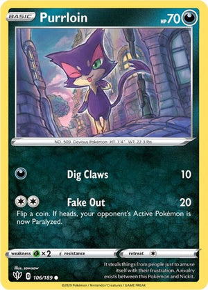 Pokemon TCG - SWSH03: Darkness Ablaze - Purrloin - 106/189 - Reverse Holofoil