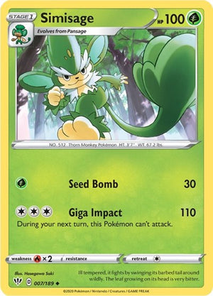 Pokemon TCG - SWSH03: Darkness Ablaze - Simisage - 007/189 - Reverse Holofoil