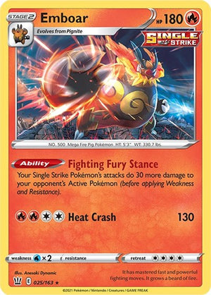 Pokemon TCG - SWSH05: Battle Styles - Emboar - 025/163 - Reverse Holofoil