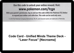 Pokemon TCG - SM - Unified Minds - Code Card - Unified Minds Theme Deck - "Laser Focus"